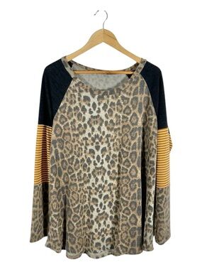 Lovely Melody Leopard Print Long Sleeve Colorblock Top Size 3XL
